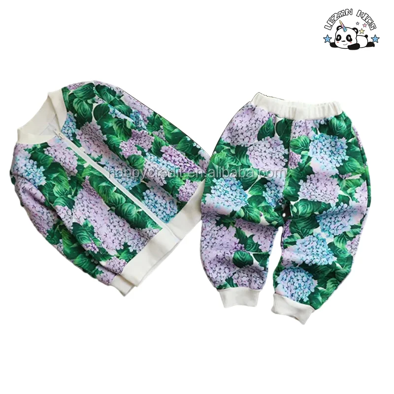 LEZONKIDS - Conjuntos de moletom para crianças no atacado com design de moda fofo, calças bomber com zíper personalizado, impressão digital de flores, roupas infantis